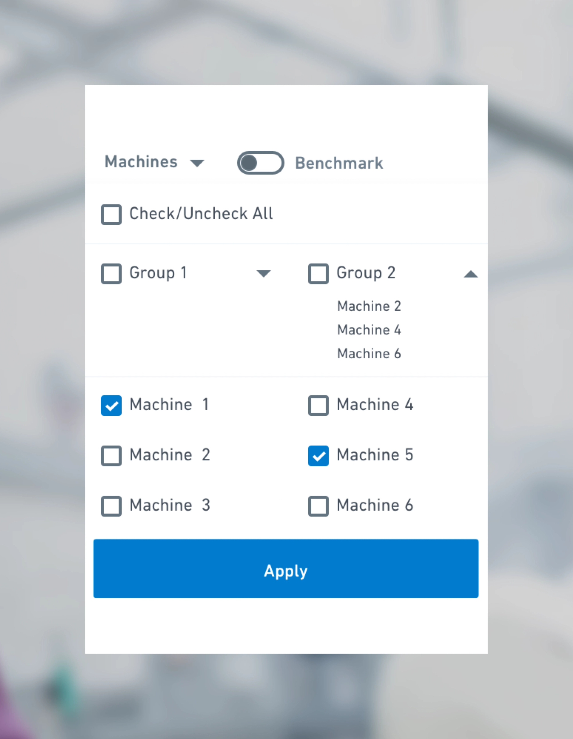 Machine filter menu in mobile 