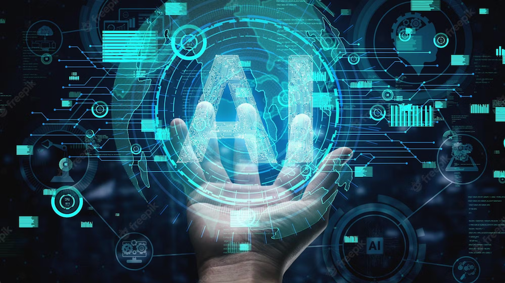 A hand holding a techy animation of the earth and the word "AI"