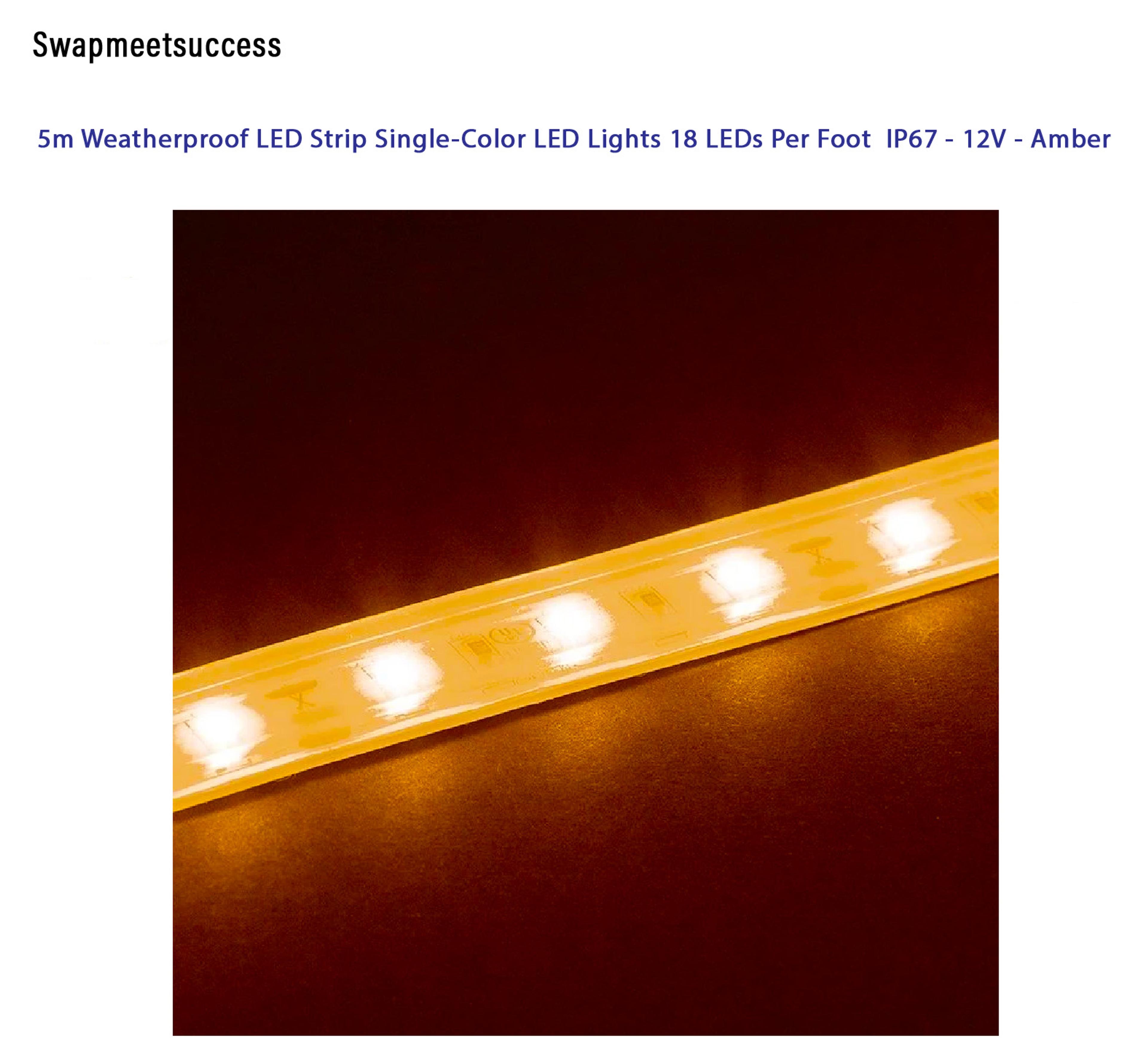 5m Weatherproof LED Strip SingleColor LED Lights 18 LEDs Per Foot 12V Amber