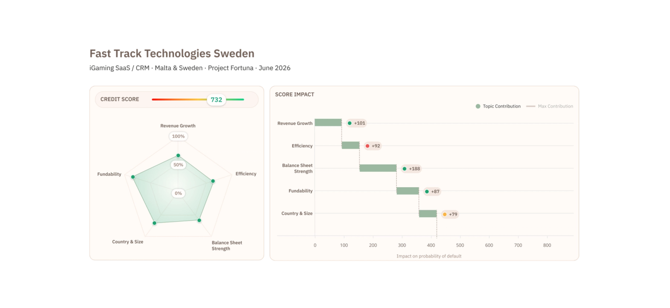 A credit score of 732 with a five-factor radar chart, and a score-impact chart showing how revenue growth, efficiency, balance sheet strength, fundability and country and size each move the probability of default.
