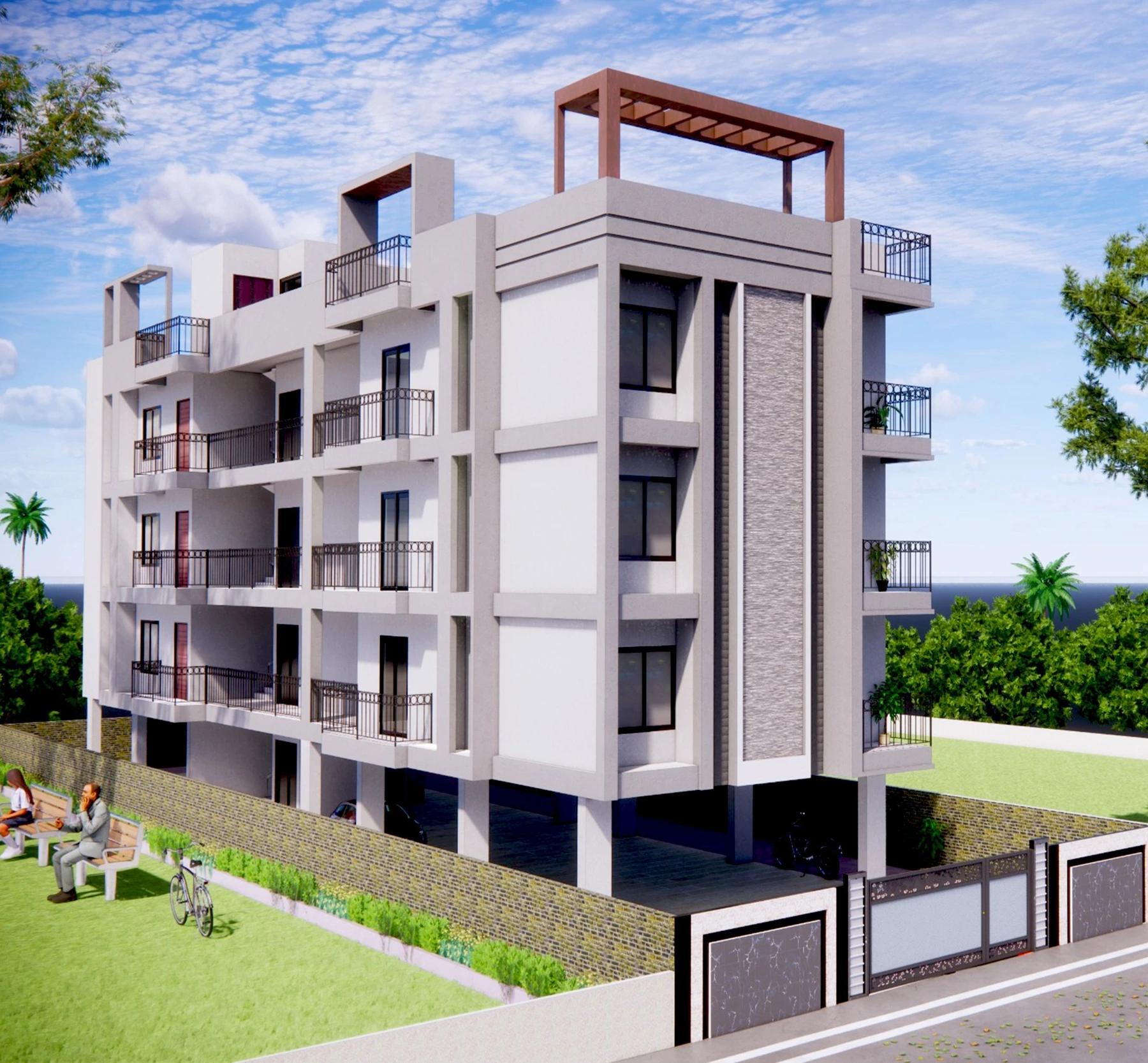 Architectural exterior illustration from the project brochure. Not a construction-progress photograph.