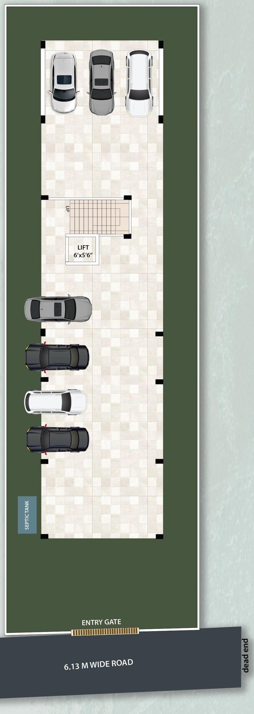 Vijaya Residency ground-floor parking, lift and stair drawing from the brochure. Confirm parking allocations with the team.