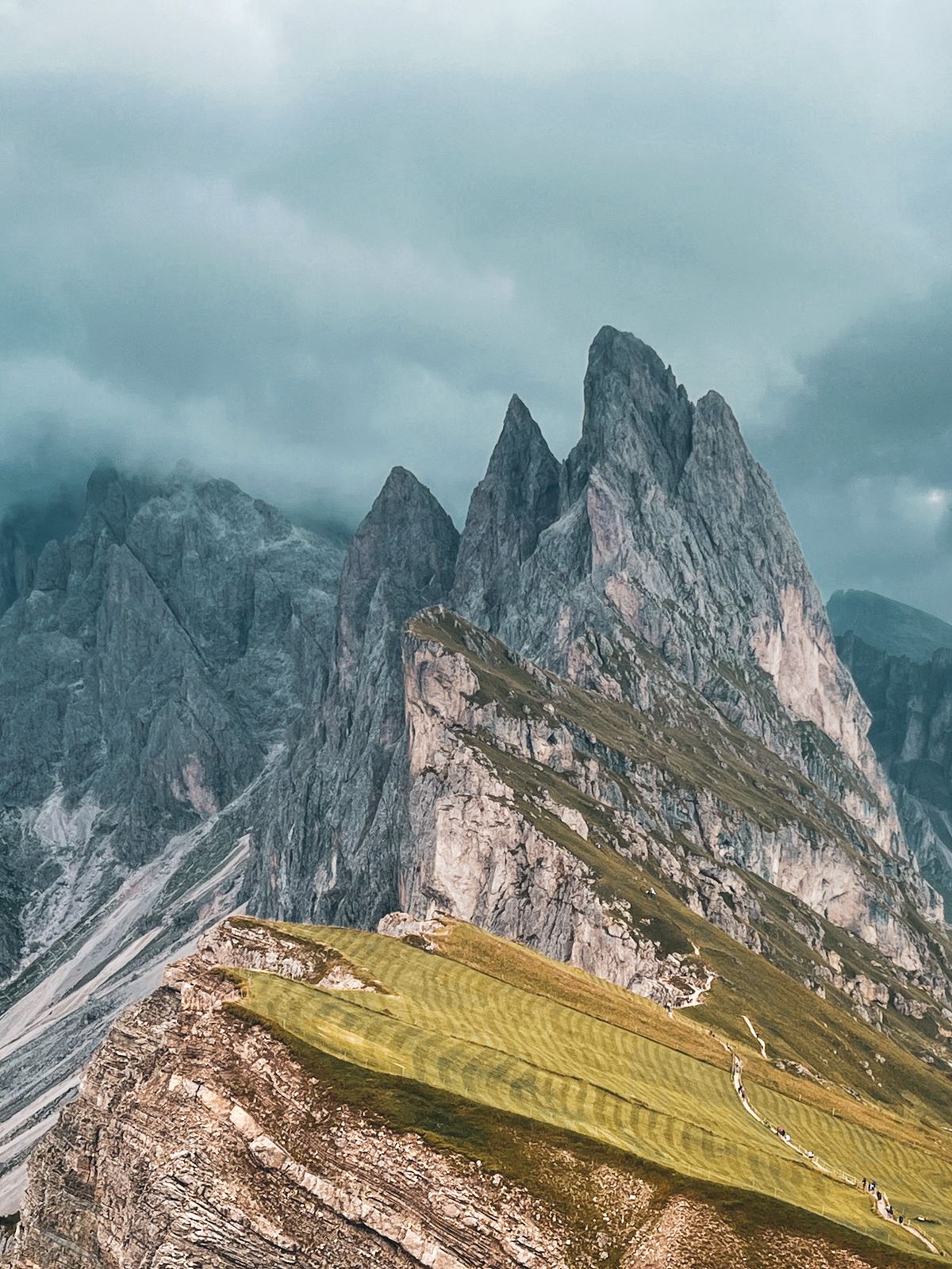 The Seceda Ridgeline on a stormy August afternoon with the clouds gathering