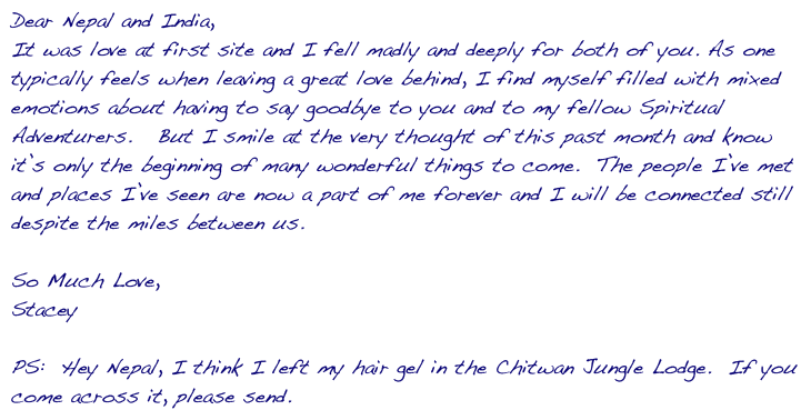 Stacey Green's note to India and Nepal
