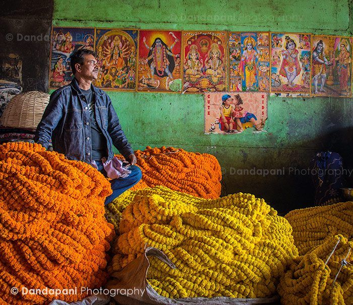 One of the highlights of India for sure is visiting the Kolkata flower market. I've visited twice before this and each time failed at getting good shots. This time I prepared mentally well in advance and was able to leave with a few photos that I was happy with. This is one of them. Yellow and orange marigolds stacked a few feet high filled the entire street.
