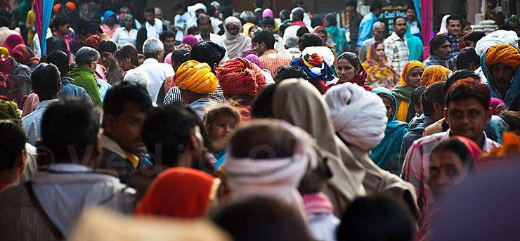 Crowded street filled with people in India