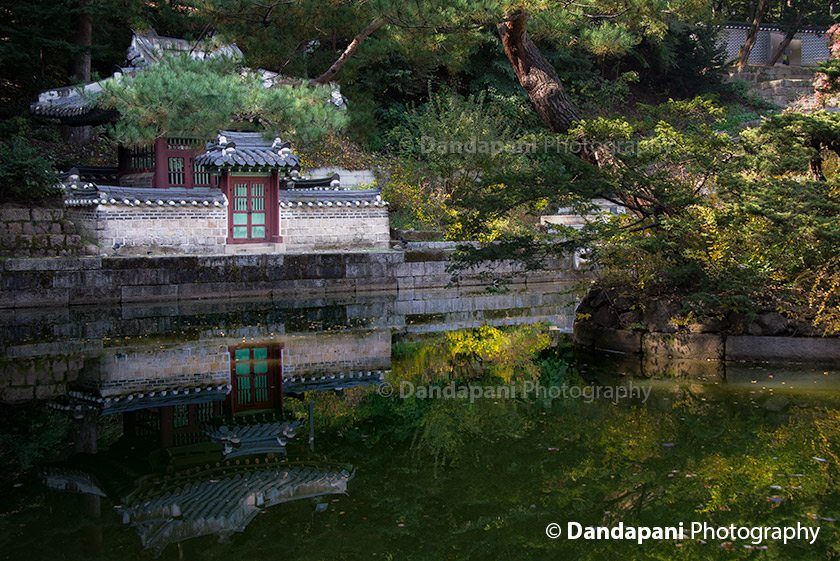 A traditional Korean structure reflecting perfectly in the Secret Garden.