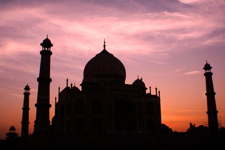 The Taj Mahal in Agra, India, at sunrise.
