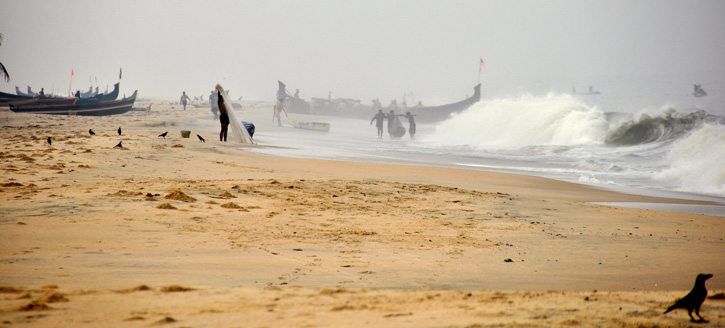 Fishing village along the beach at Marari, in Kerala, South India.