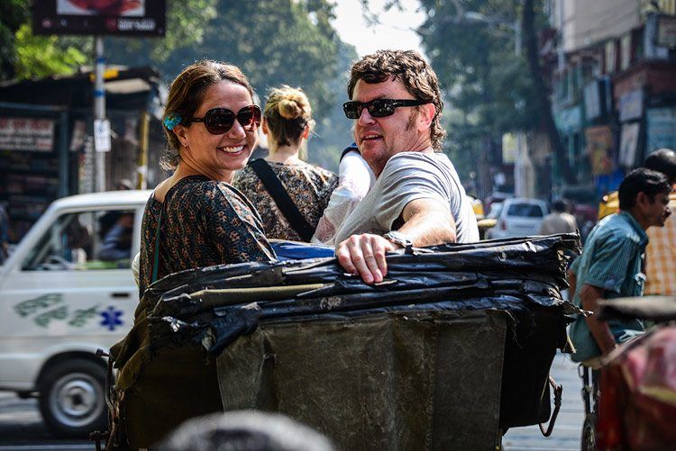 Riding hand pulled rickshaws on College Street in Kolkata