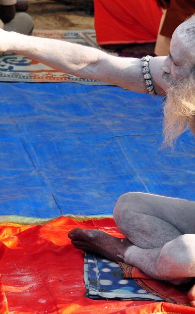 A Hindu pilgrim seeks blessings from a Naga sadhu, smeared in ashes and adorned with rudraksha beads.