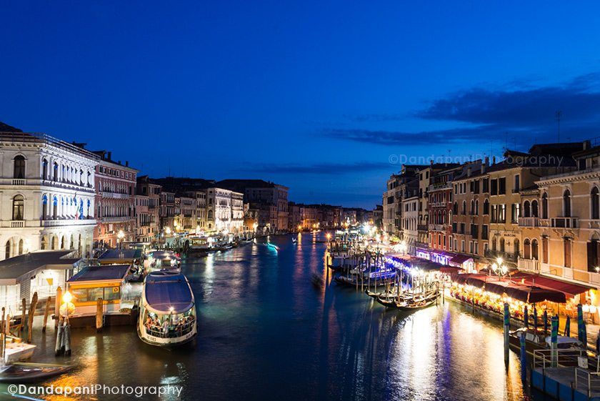 A view of Venice from the Rialto Bridge. Long exposure shot, 8 seconds, f10, iSO 320, 28mm. No tripod -- camera resting on the bridge.
