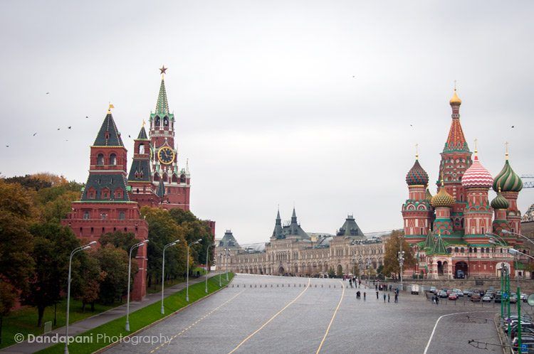 The Kremlin on the left and St. Basil's cathedral on the right in Red Square.