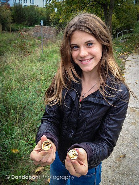 Katrina shows me how to crack a walnut...