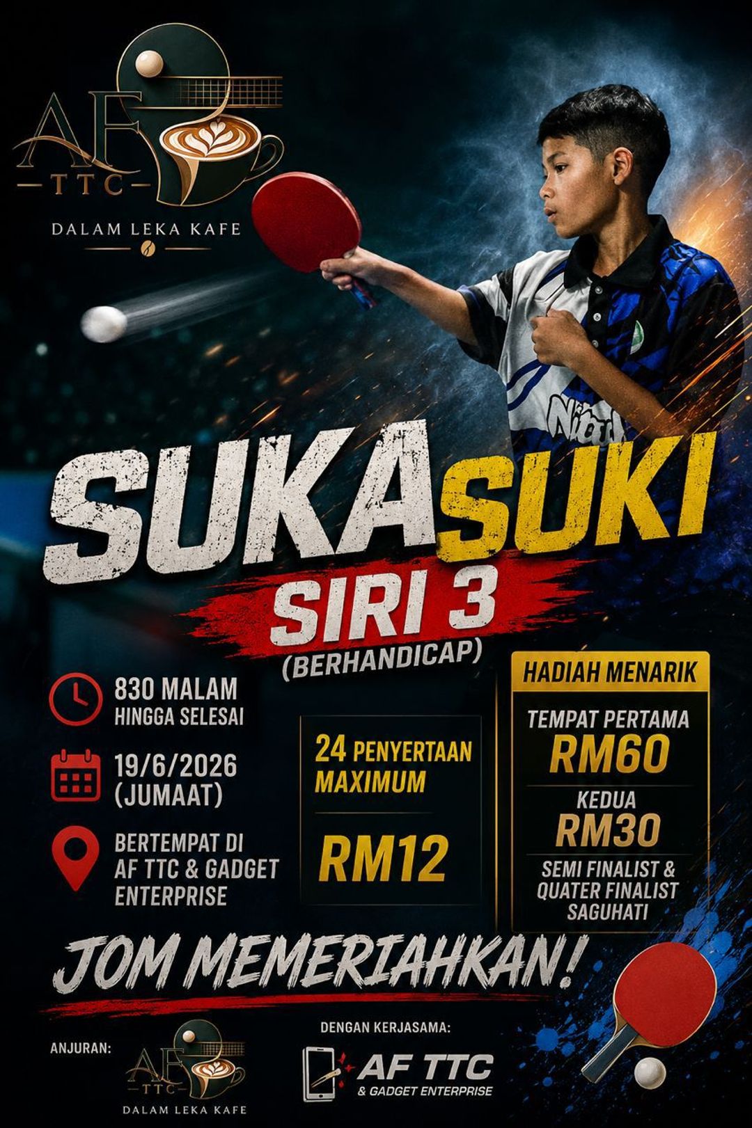 Poster Liga Suka Suki Pingpong Siri 3 — 19 Jun 2026 di AFTTC x Dalam Leka Kafe, 20 pemain, yuran RM 12