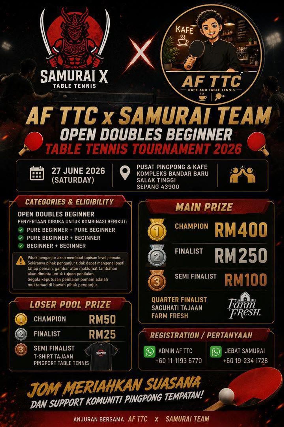 Poster AF TTC x Samurai Team Open Doubles Beginner Table Tennis Tournament 2026 — 27 Jun 2026