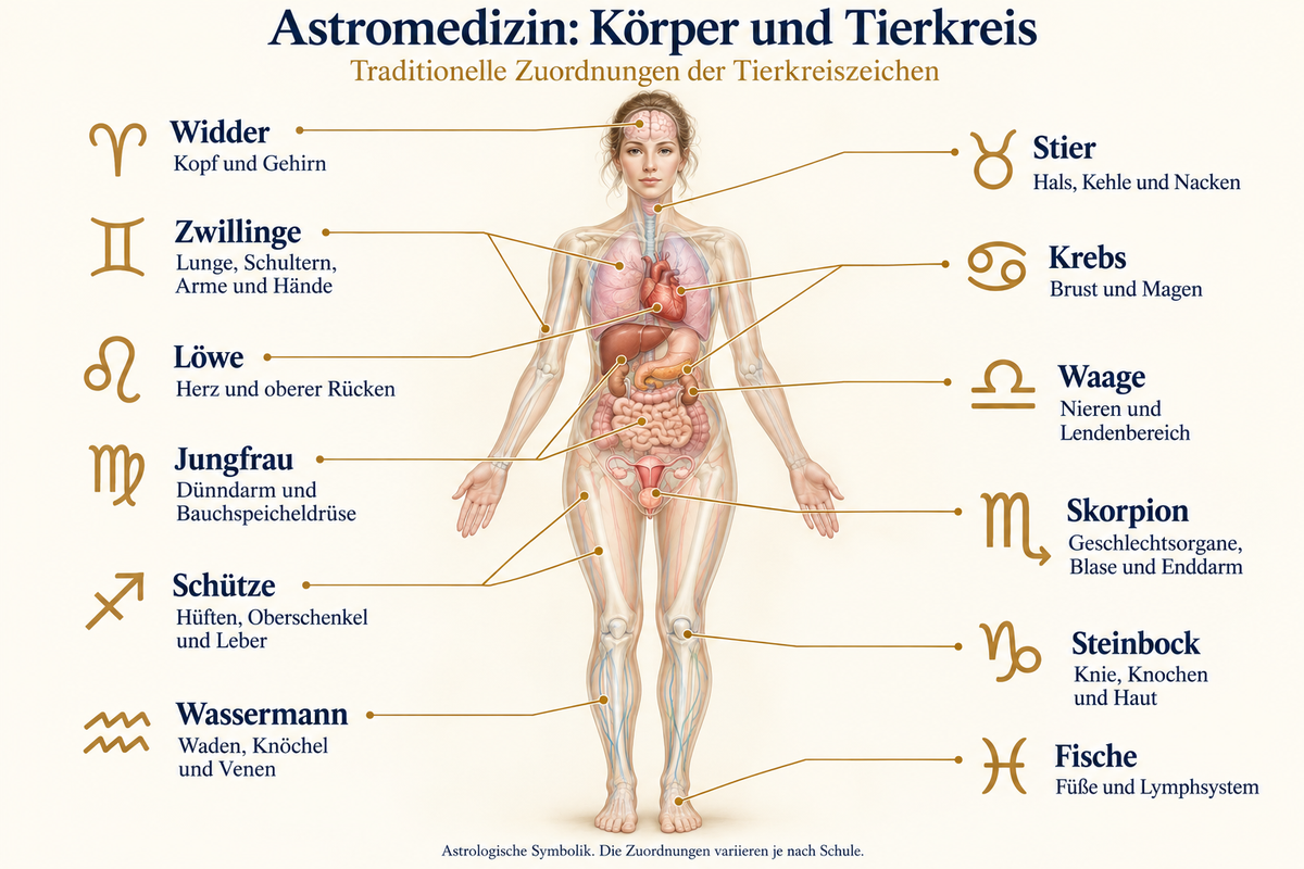 Traditionelle Zuordnung der Tierkreiszeichen zu Körperbereichen