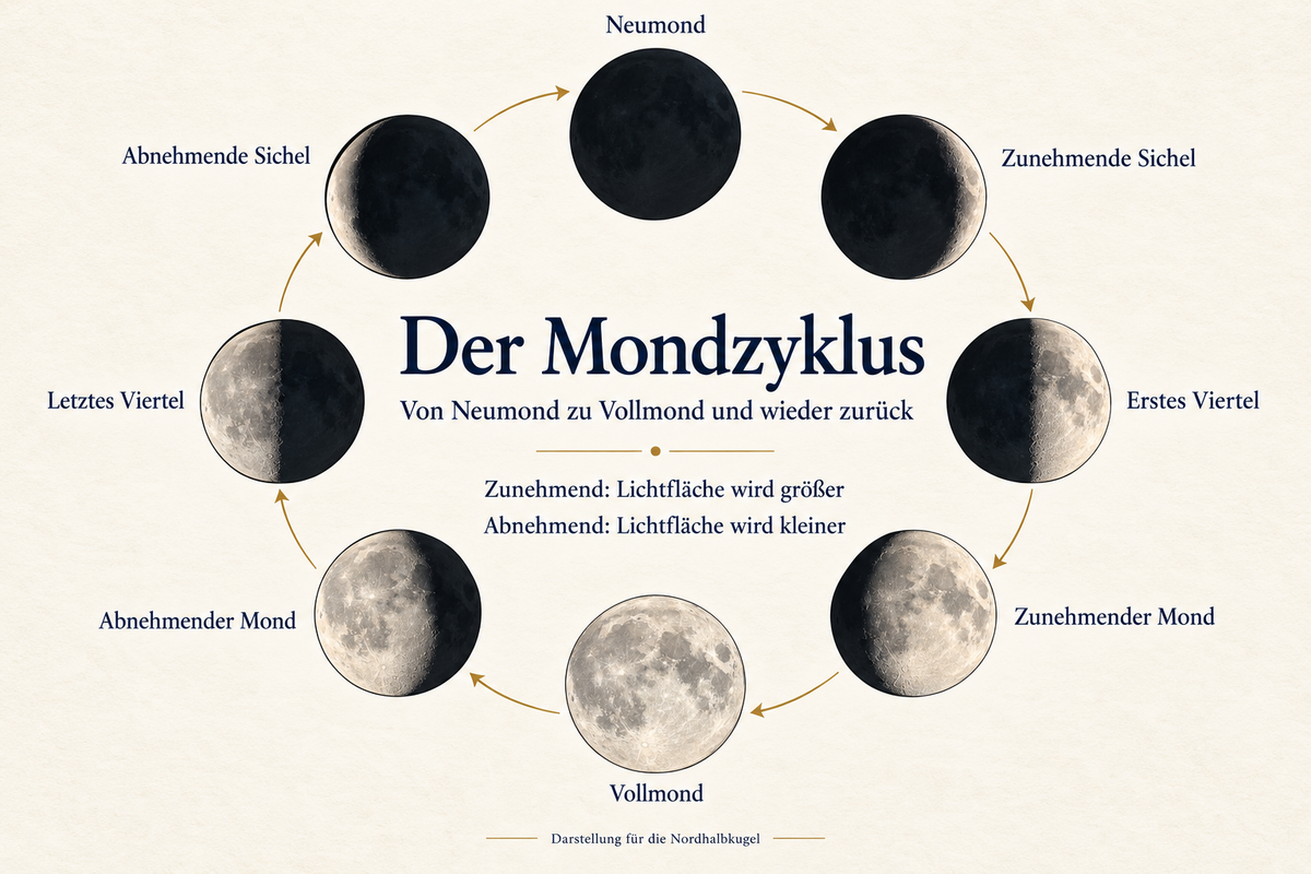 Der Mondzyklus mit den acht Mondphasen von Neumond bis abnehmende Sichel