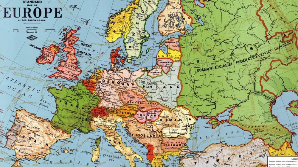 Historische Landkarte von Europa aus der Zwischenkriegszeit mit Österreich-Ungarn, Jugoslawien und der Tschechoslowakei