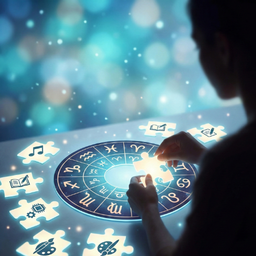 Silhouette einer Person fügt ein leuchtendes Puzzleteil in einen Tierkreis ein, umgeben von Puzzleteilen mit Symbolen für Talente und Berufe als astrologische Karriere- und Talente-Analyse