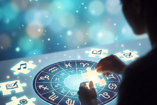 Silhouette einer Person fügt ein leuchtendes Puzzleteil in einen Tierkreis ein, umgeben von Puzzleteilen mit Symbolen für Talente und Berufe als astrologische Karriere- und Talente-Analyse