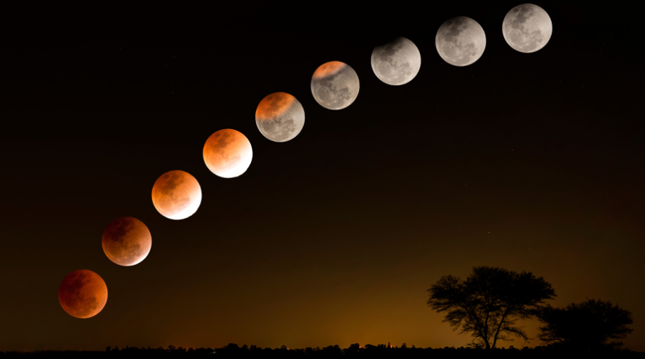 Mondfinsternis-Sequenz: Der Mond wandert in mehreren Phasen diagonal über den Nachthimmel, vom rötlichen Blutmond bis zum silbernen Vollmond, mit Baum-Silhouette am Horizont
