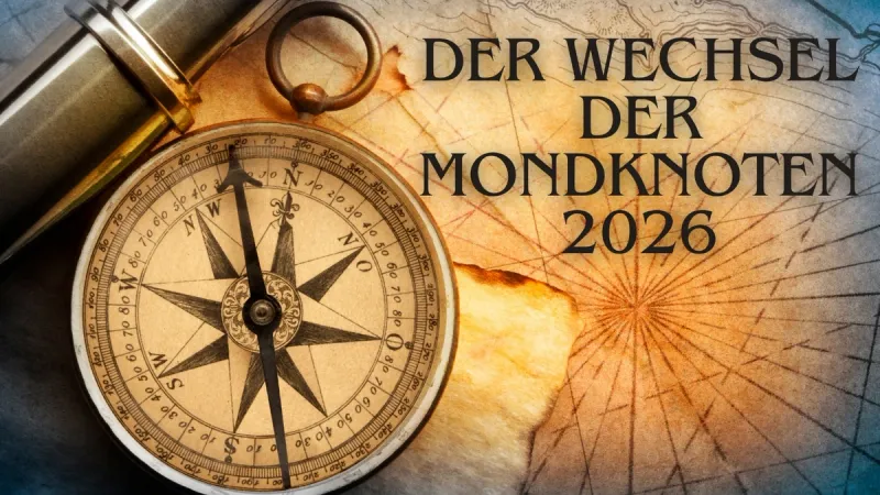 Antiker Messingkompass auf einer alten Seekarte mit dem Schriftzug „Der Wechsel der Mondknoten 2026“