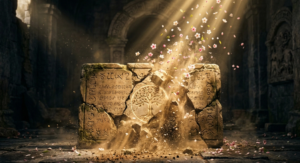 Antike Steintafel mit astrologischen Symbolen zerbröckelt im Sonnenlicht – Kirschblüten symbolisieren den Frühlingspunkt und die Erneuerung alter Weisheit