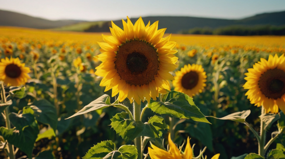 Sonnenblume im Vordergrund eines weiten Sonnenblumenfeldes im hellen Sommerlicht mit sanften Hügeln im Hintergrund