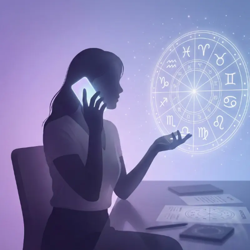 Astrologin im Profil beim Telefonat, neben ihr ein leuchtender Tierkreis mit Horoskop und Unterlagen auf dem Tisch für persönliche Live-Beratung und Analyse