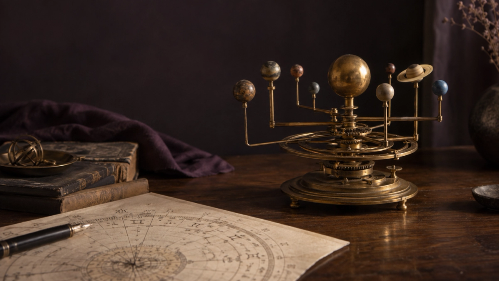 Messing-Orrery mit Planetenmodell neben einem handgezeichneten Horoskop und einer Füllfeder