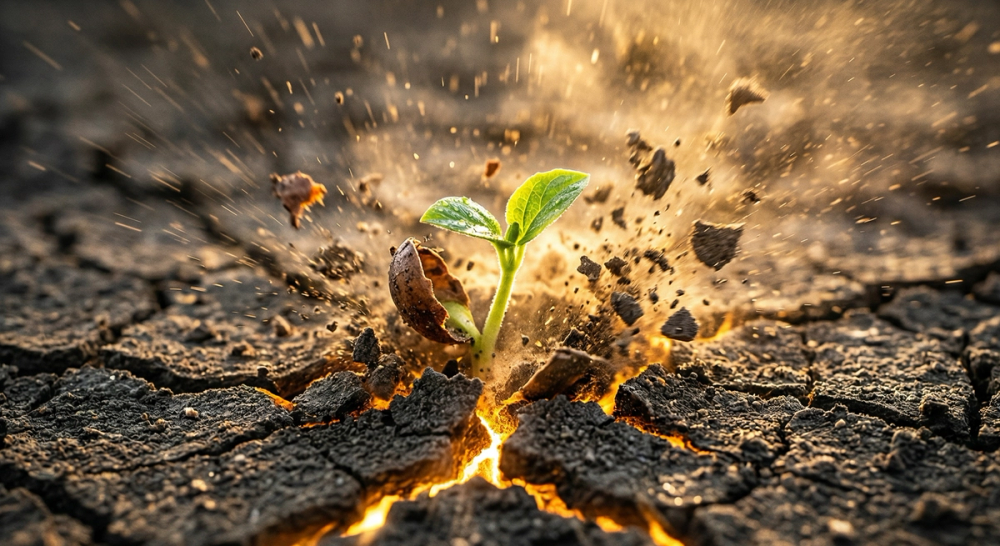 Widder-Energie 2026 – Samenkorn durchbricht explosiv die Erdkruste als Symbol für den astrologischen Durchbruch und Neubeginn