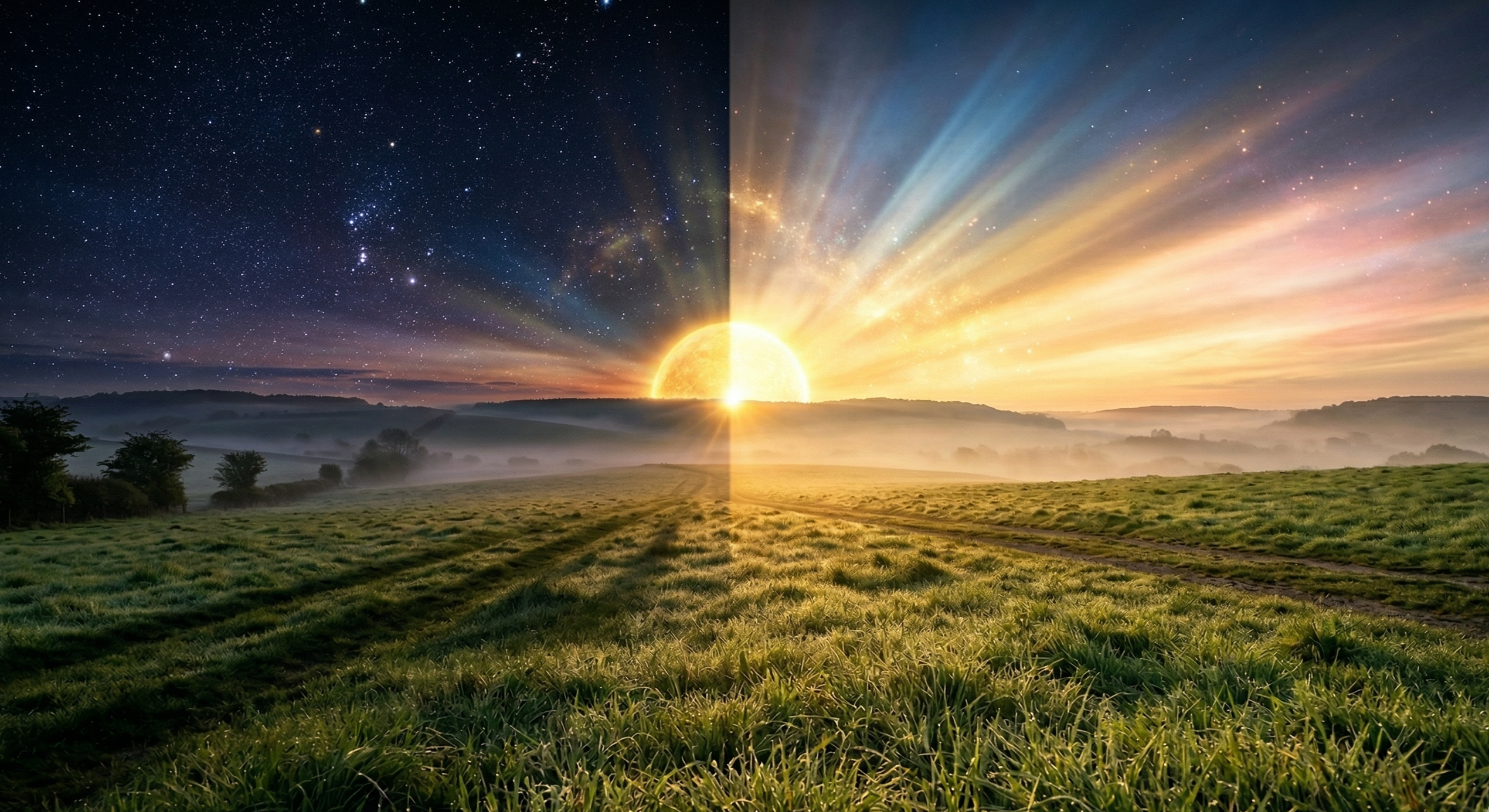 Frühlingspunkt 2026 – Gleichgewicht zwischen Nacht und Tag, Sternenhimmel trifft auf Sonnenaufgang über einer grünen Wiese