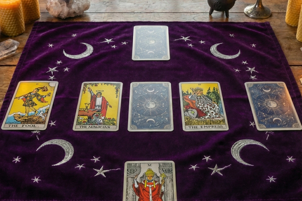 Umfassende Tarot-Legung mit sechs Karten auf violettem Tuch mit Monden und Sternen