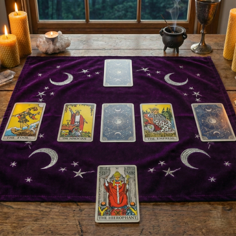 Umfassende Tarot-Legung mit sechs Karten auf violettem Tuch mit Monden und Sternen