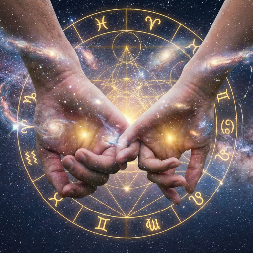 Zwei ineinander verschränkte Hände vor einem leuchtenden Tierkreis mit Galaxien als Symbol für astrologische Partnerschaftsanalyse und Seelenverbindung