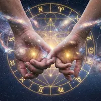 Zwei ineinander verschränkte Hände vor einem leuchtenden Tierkreis mit Galaxien als Symbol für astrologische Partnerschaftsanalyse und Seelenverbindung