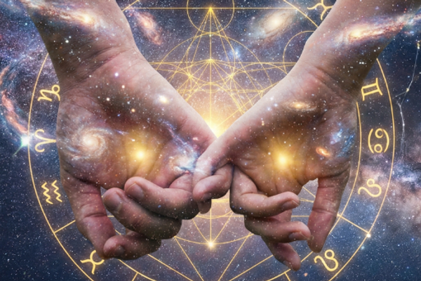 Zwei ineinander verschränkte Hände vor einem leuchtenden Tierkreis mit Galaxien als Symbol für astrologische Partnerschaftsanalyse und Seelenverbindung