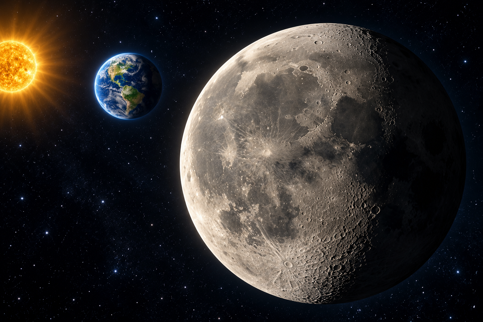 Sonne, Erde und Mond im Weltraum