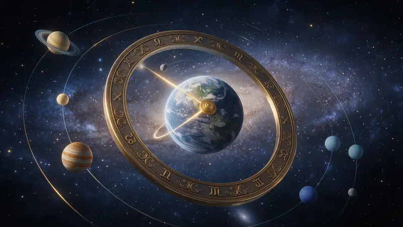 Goldener Tierkreisring als kosmische Uhr um die Erde, umgeben von den Planeten des Sonnensystems