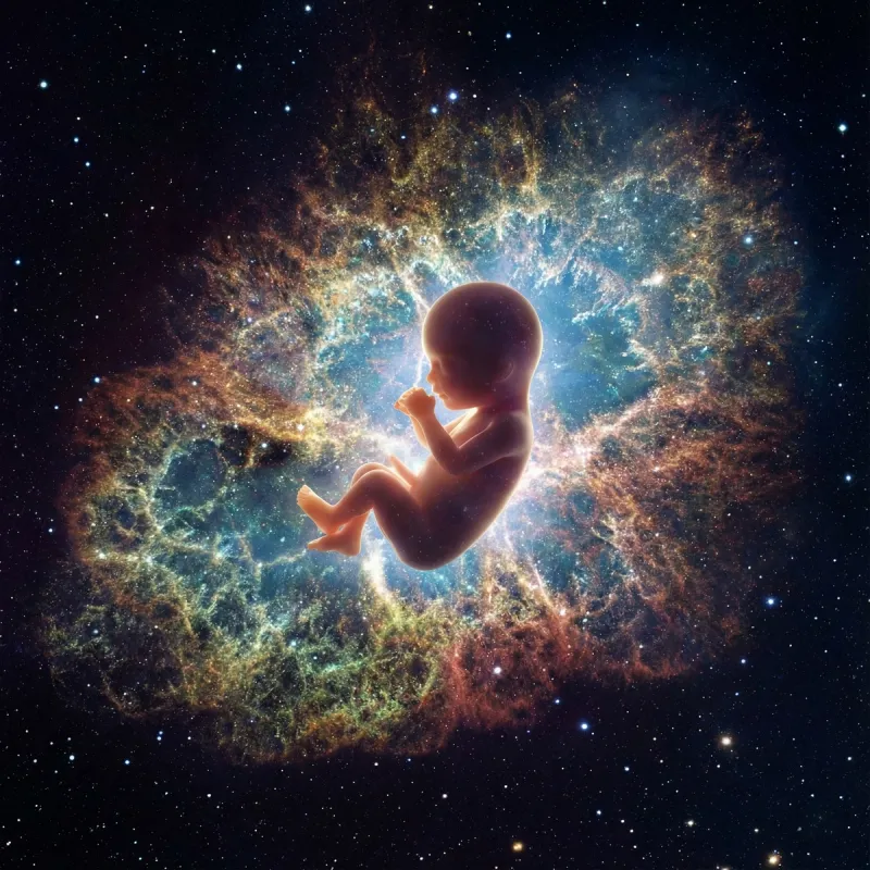 Leuchtendes Baby im Kosmos vor einer bunten Nebelwolke als Symbol für Geburtshoroskop und Seelenplan