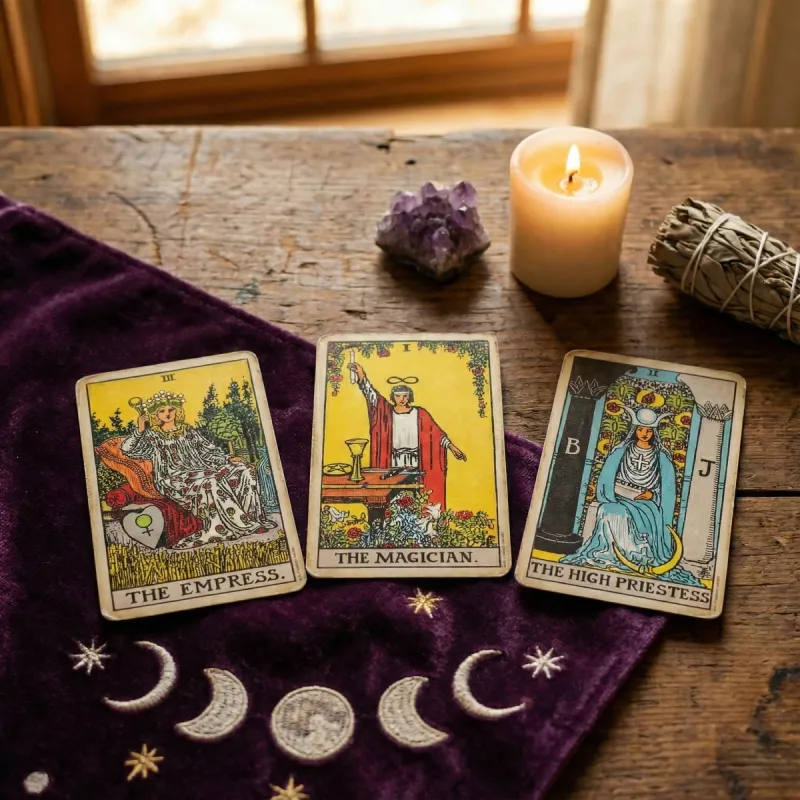 Drei Tarotkarten Die Herrscherin, Der Magier und Die Hohepriesterin auf violettem Tuch mit Mondsymbolen