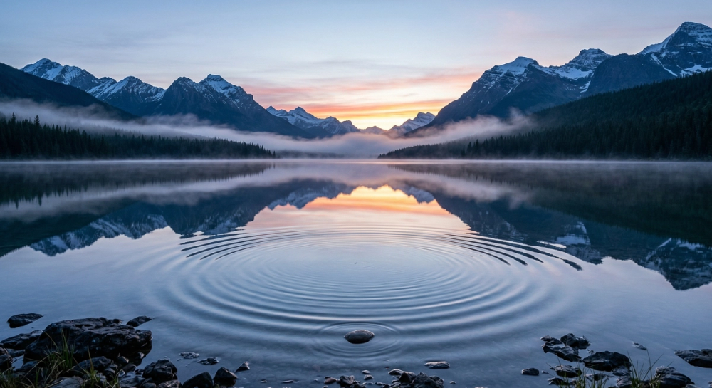 Manifestation zur Tagundnachtgleiche 2026 – konzentrische Wellen auf einem stillen Bergsee bei Sonnenaufgang als Symbol für ungehinderte Manifestationsenergie