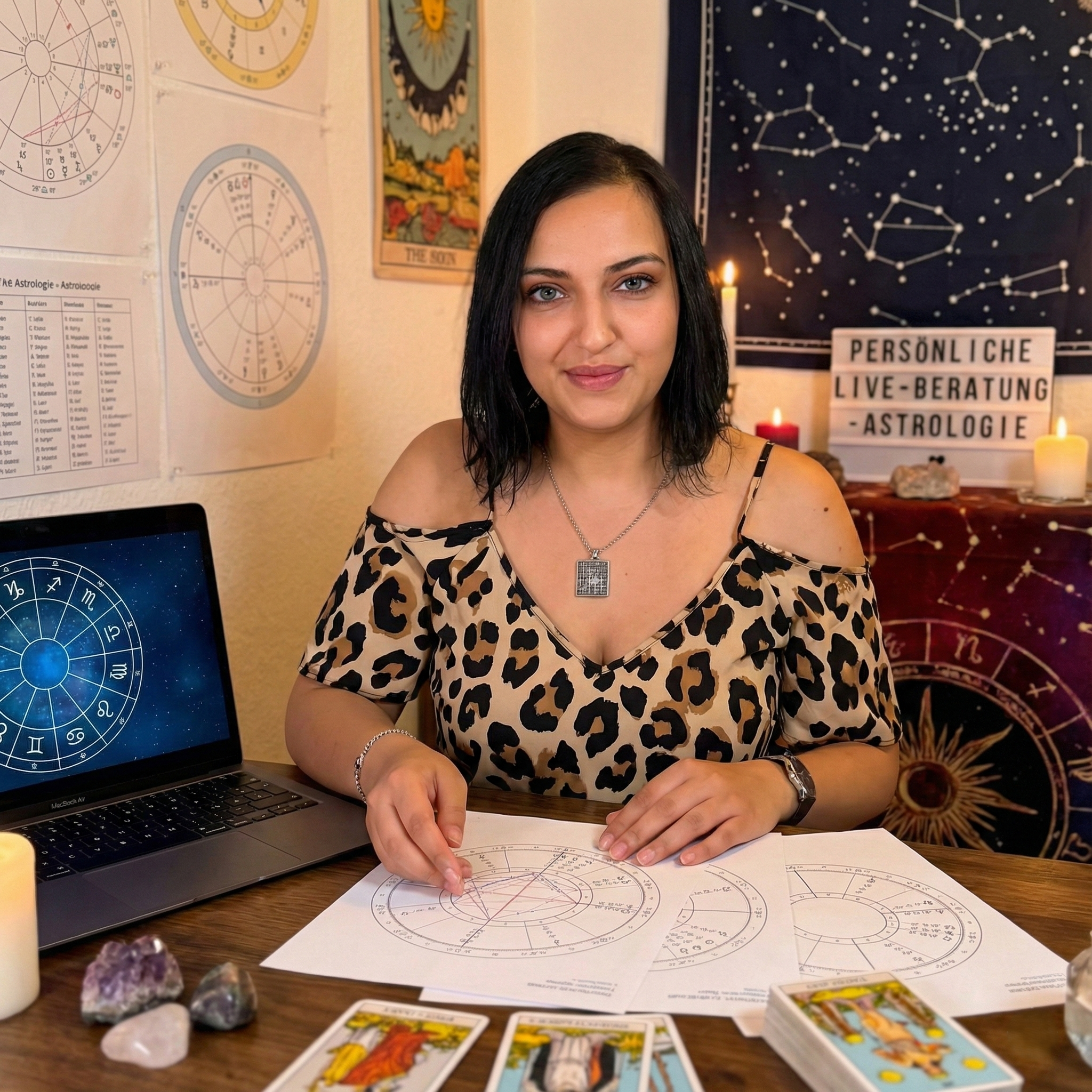 Astrologin Pelin Kaya bei der persönlichen Live-Beratung mit Geburtshoroskop, Laptop und Tarotkarten am Tisch