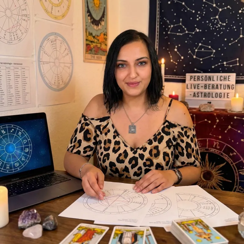 Astrologin Pelin Kaya bei der persönlichen Live-Beratung mit Geburtshoroskop, Laptop und Tarotkarten am Tisch