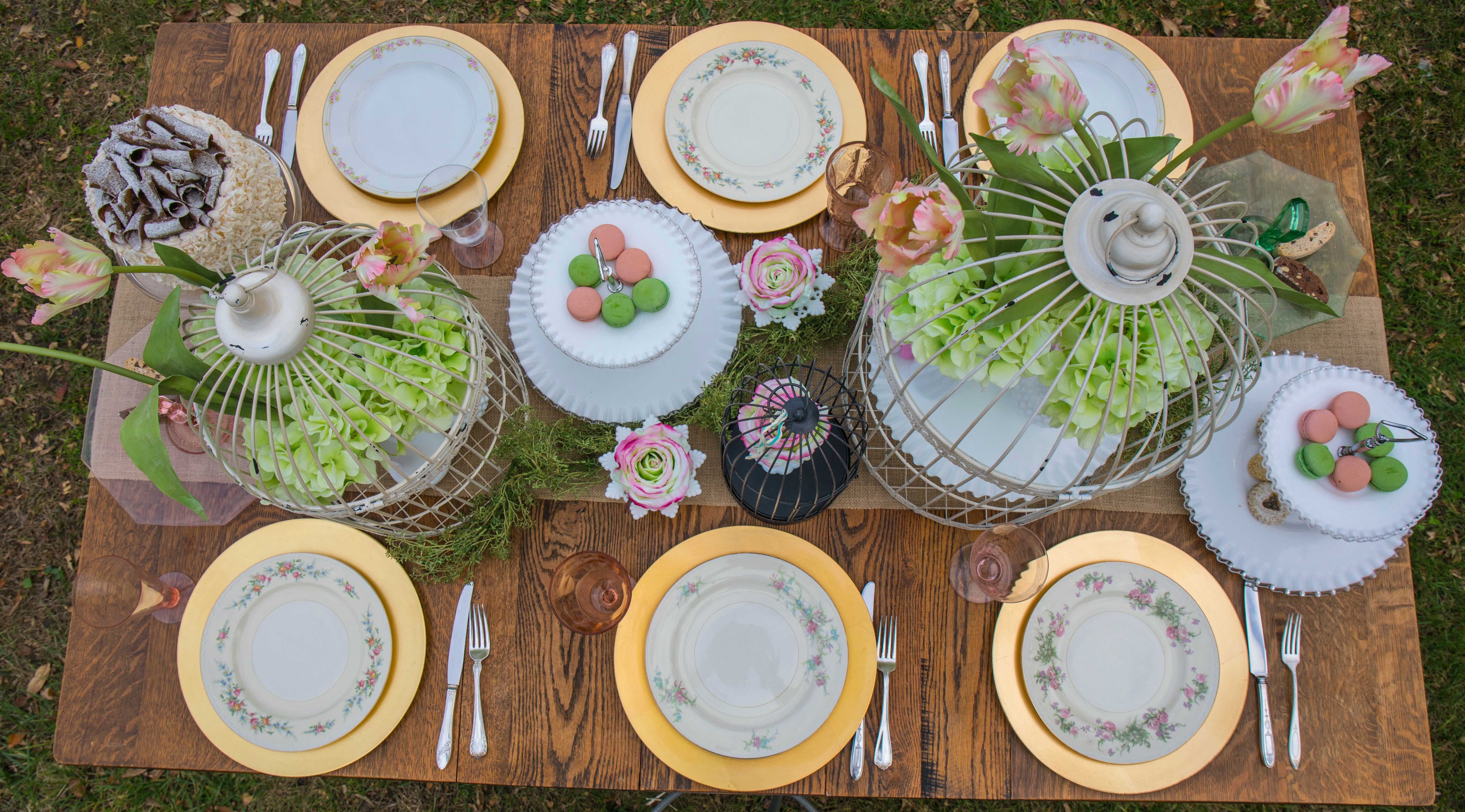 Panoramic event table dressed in full vintage tableware