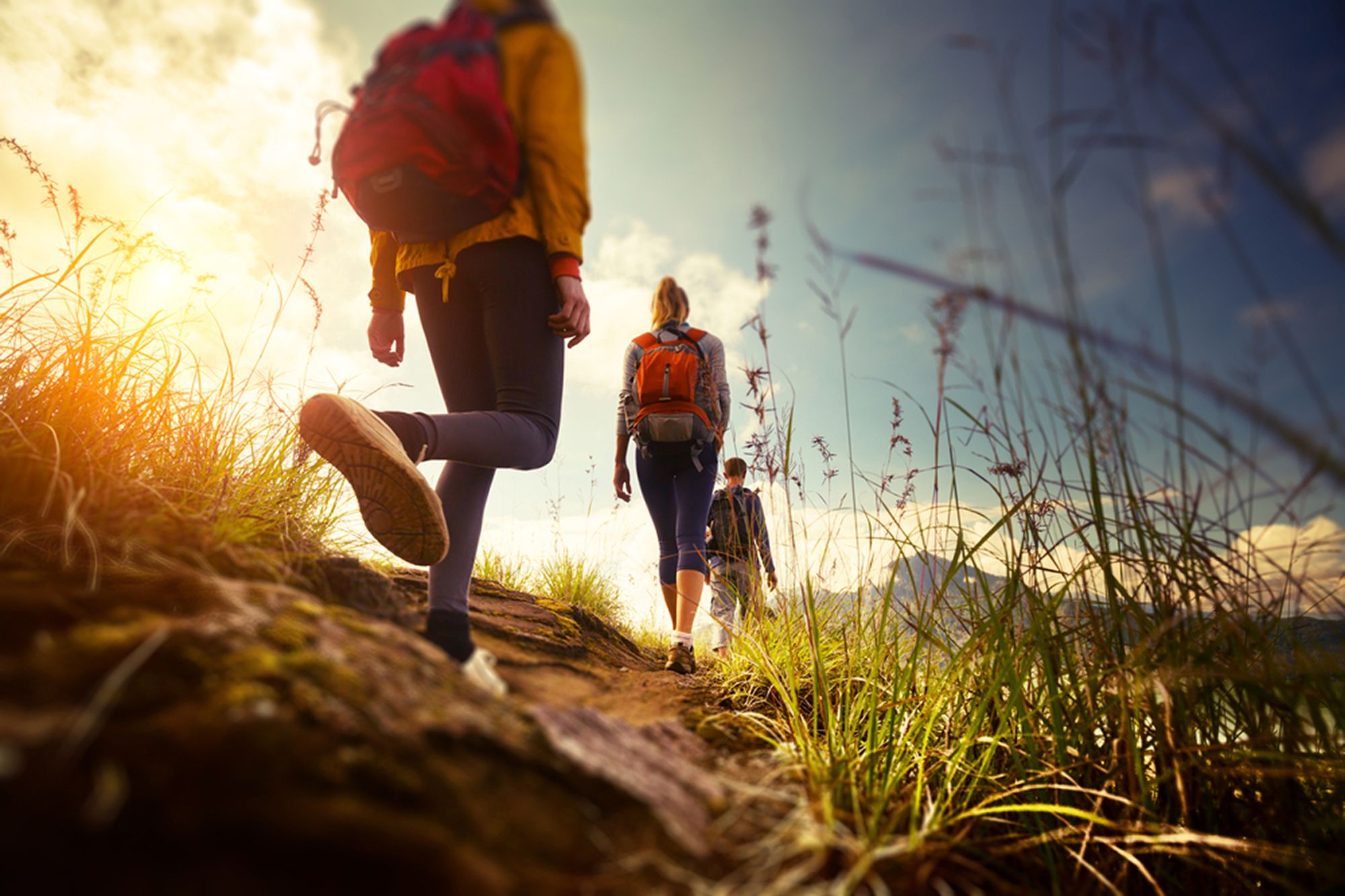 Group of hikers walking along a narrow mountain trail during sunset, with grassy surroundings and backpacks on