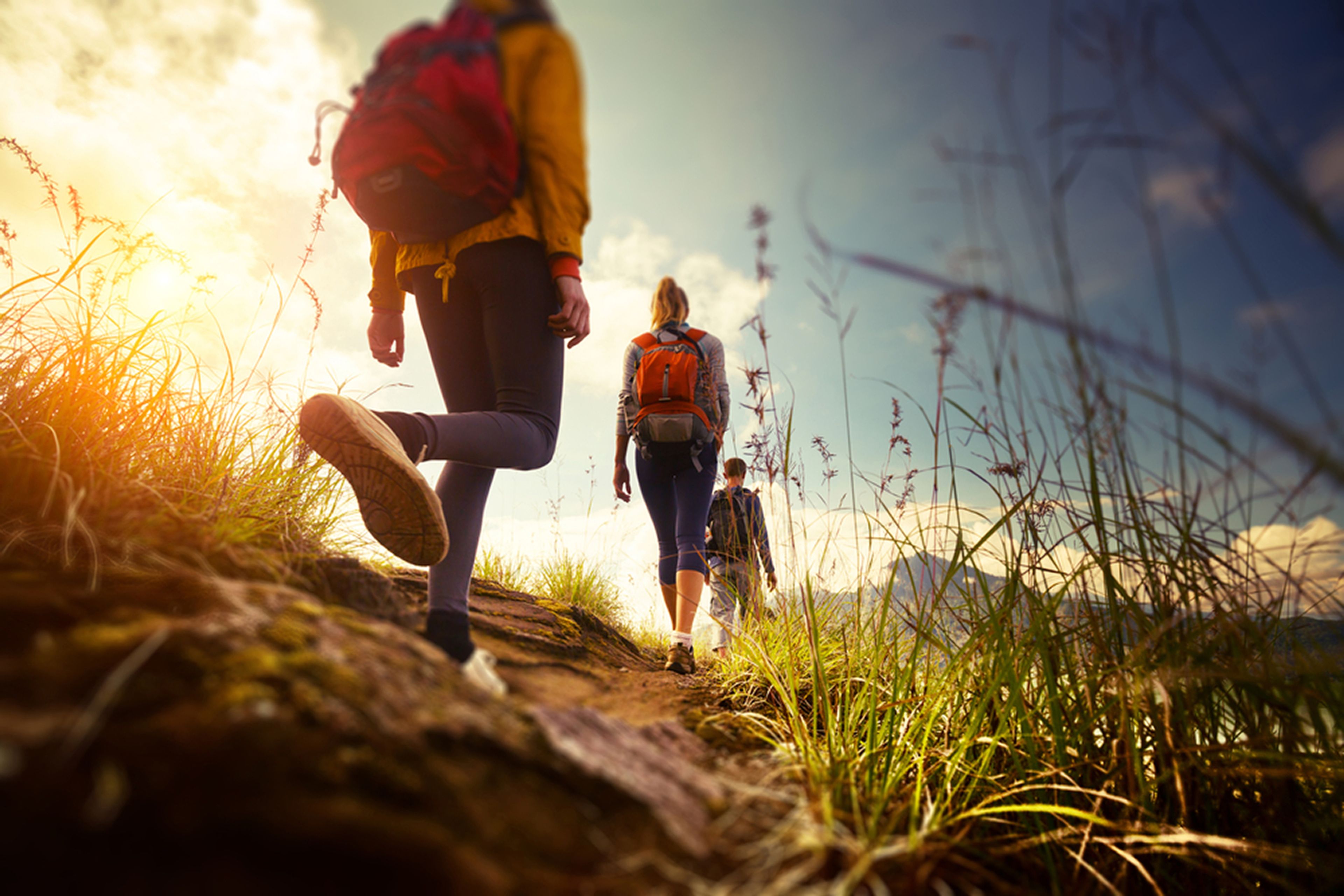 Group of hikers walking along a narrow mountain trail during sunset, with grassy surroundings and backpacks on