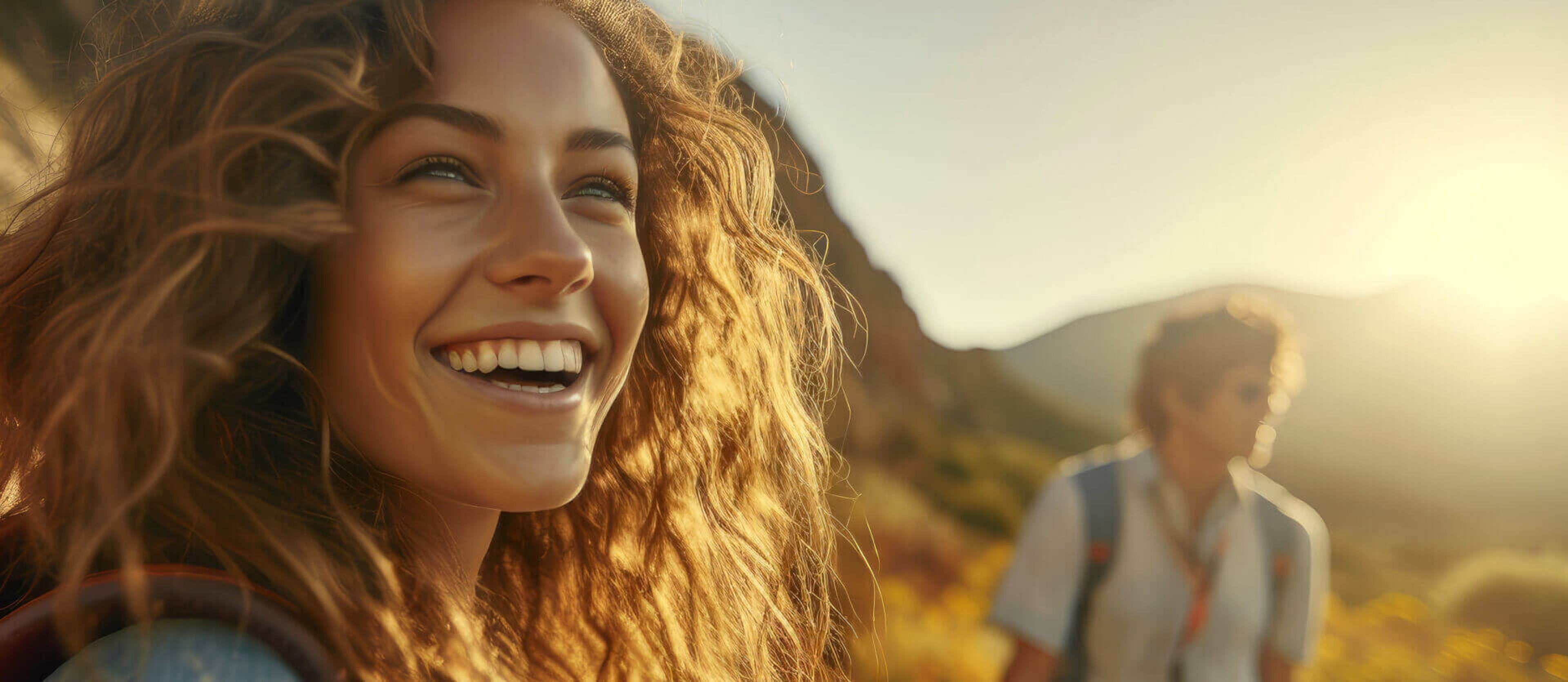 A woman with a radiant smile enjoying the outdoors, sunlight highlighting her curly hair, with a hiker in the background amidst scenic natural surroundings.