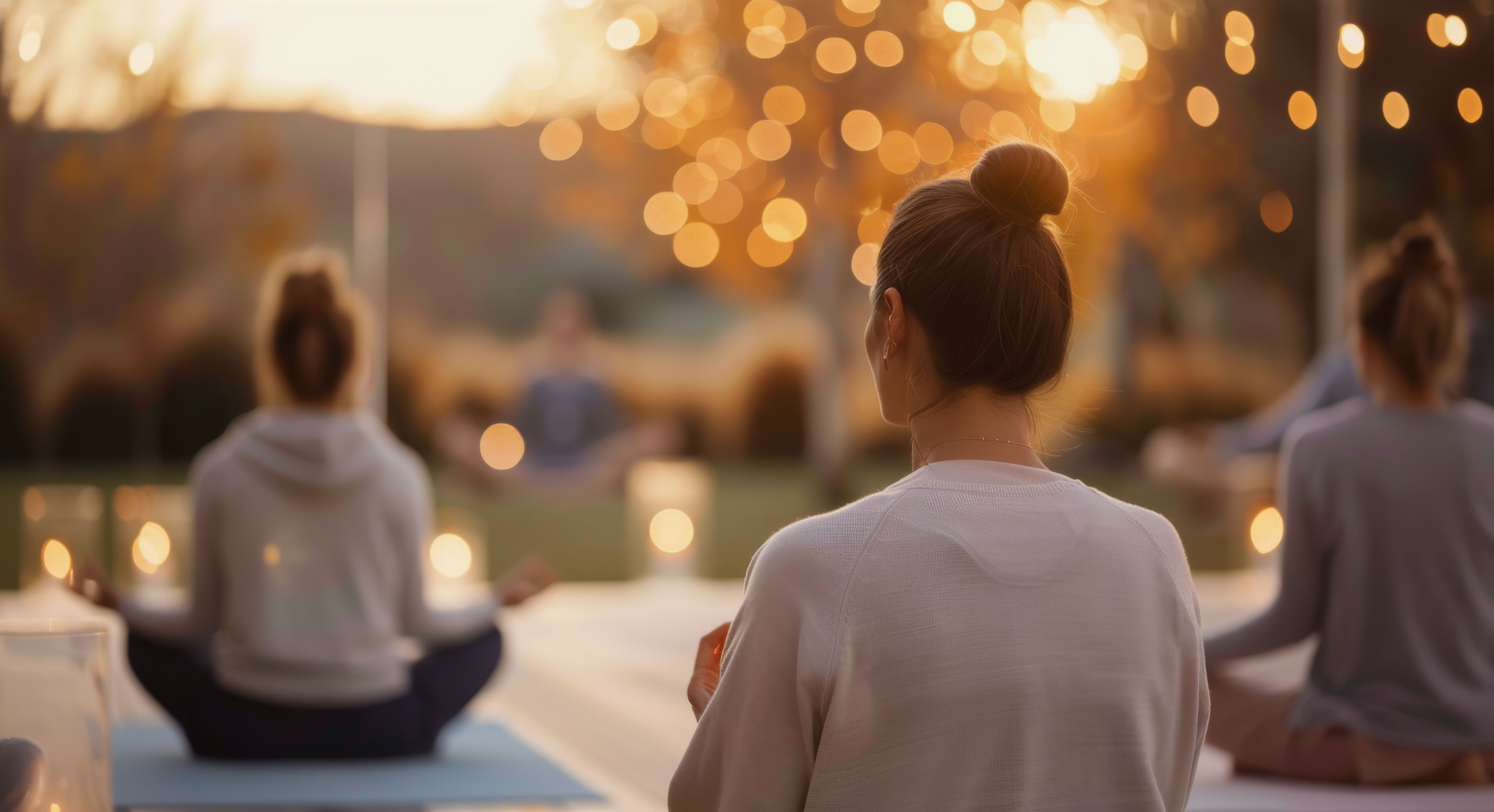 Group of people practicing outdoor yoga at sunrise, with soft, glowing lights in the background creating a peaceful ambiance